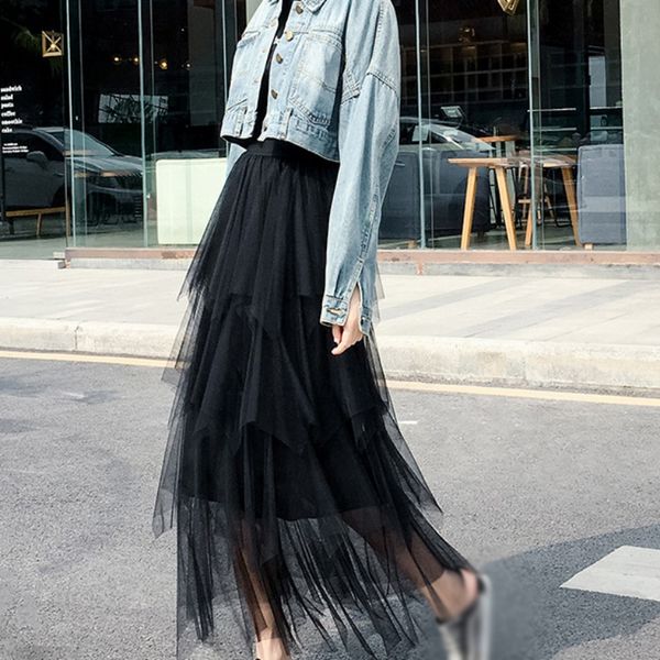 

2019 skirts for women new fashion mesh stitching solid color cake puff skirt casual natural cake skirt faldas mujer, Black