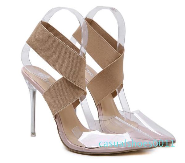 

big size 35 to 40 41 42 womens cross strap pvc clear transparent pointed toe pumps luxury designer high heel shoes c11, Black