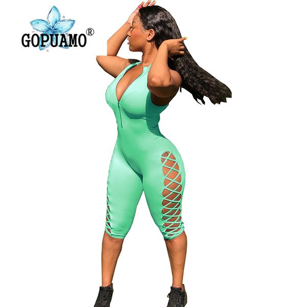 

tie up hollow out bandage rompers womens jumpsuit sleeveless front zipper short bodysuits summer bodycon one piece playsuit, Black;white