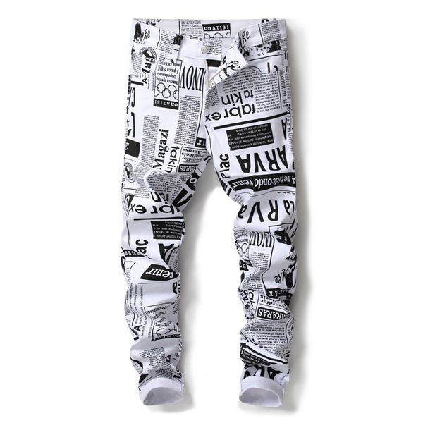 

european style men's fashion 3d newspaper pattern printing slim skinny nightclub jeans white stretch denim pants vaqueros hombre, Blue