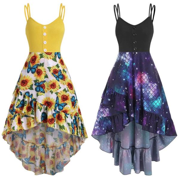 

2020 fashion dress for women summer buttons ruffles sunflower angel scale print cross cami dress floral printing sleeveless, Black;gray