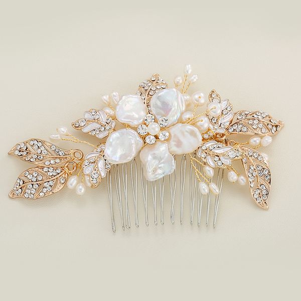 

gold color fresh water pearl leaf hair combs flower style wedding hair jewelry accessories bridal head decoration comb ornament, Golden;white