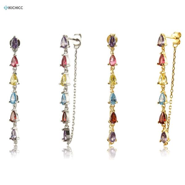 

andywen 925 sterling silver gold colorful ovals zircon cz chain stud earrings 2020 long line crystal piercing ohrringe pendiente, Golden;silver