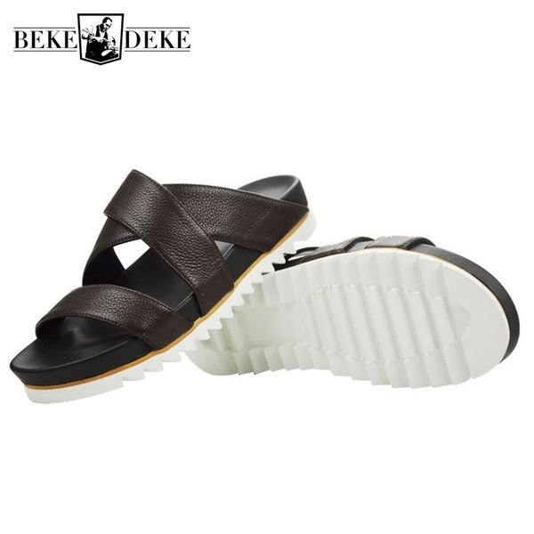 

men platform real leather slippers summer beach flip flops sandalias height increasing hollow indoor outdoor sandals, Black