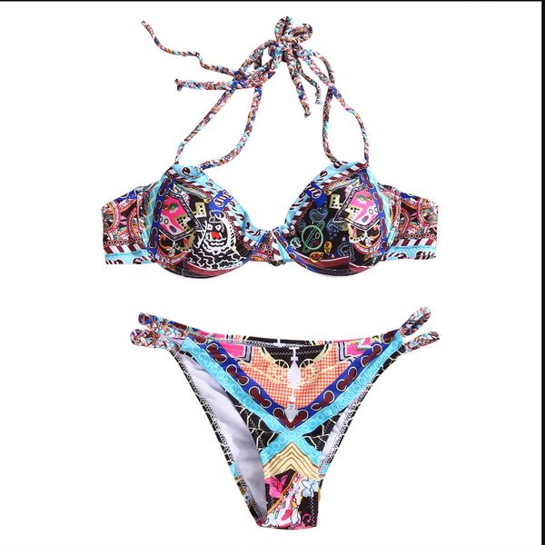 

boho swimwear suit printed triangle halter necking women bikini set bathing 2019 new vacation swimsuit, White;black