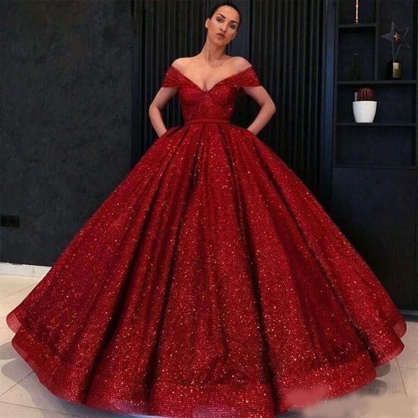 

gorgeous off shoulder red ball gown quinceanera dresses sparkly sequined v neck formal evening prom party dresses vestido de fiesta, Blue;red