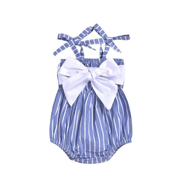 

new fashion blue white stripe baby girls bodysuit jumpsuit bow design sleeveless baby girls clothes outfits 0-24m