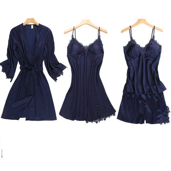 

2019 women's summer ice silk pajamas suspender shorts with chest pad hanging dress robe four-piece home service suit, Black;red