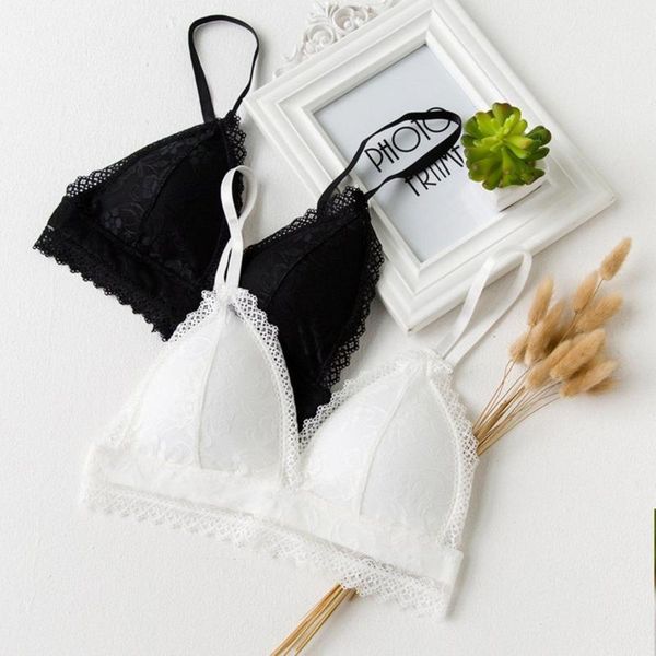 

2020 new fashion charming women floral lace bralette bustier crop sheer mesh triangle padded bra, Black;white