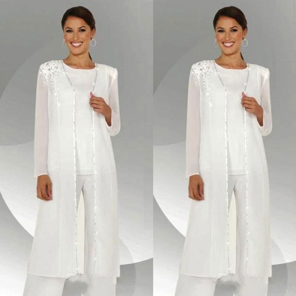 Mütevazı Beyaz Üç Adet Anne Gelin Pantolon Suits Uzun Kollu Ceketler Düğün Konuk Elbiseler Artı Boyutu Boncuklu Anneler Damat Elbise