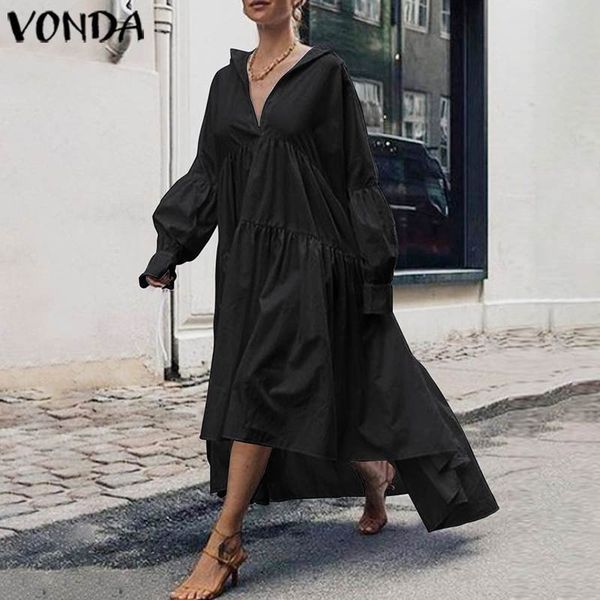 

2020 vonda autumn asymmetrical dress women's sundress plus size casual loose long vestidos female long sleeve tunic robe femme, Black;gray