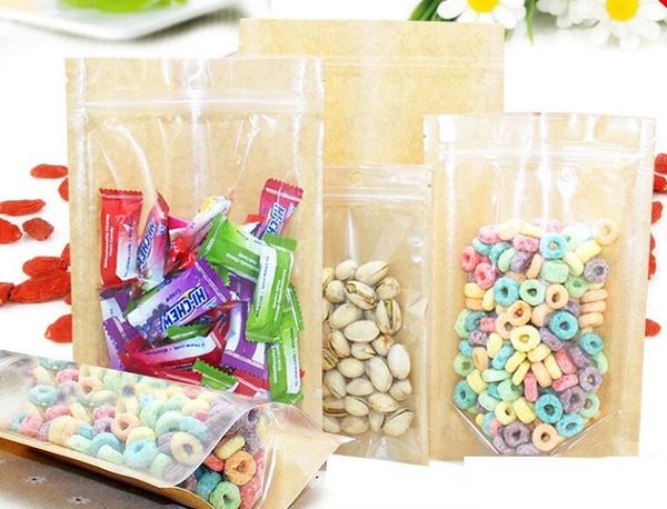 

100pcs packing zip lock kraft paper window bag stand up gift dried fruit packaging pouches zipper self sealing bags