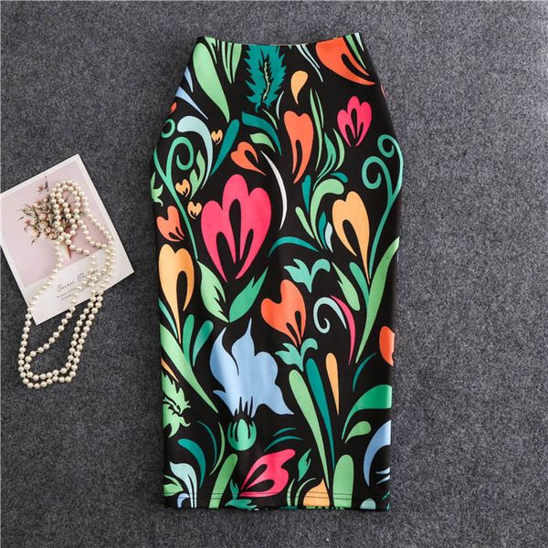 

2019 women skirts summer knee-length print skirt flowers pencil casual skirts plus size faldas mujer moda jupe femme, Black