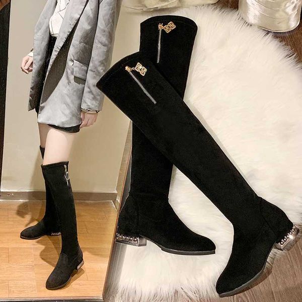 

winter over the knee boots women suede thigh high woman long boots wint feminina fashion cozy rhinestone shoes, Black