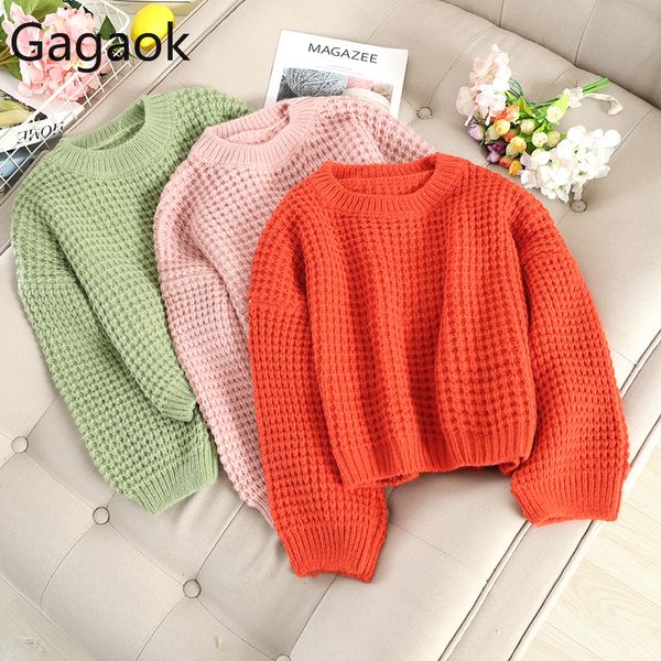 

gagaok women sweet knitted sweater spring autumn new solid o-neck lantern sleeve short loose wild casual female fashion pullover, White;black