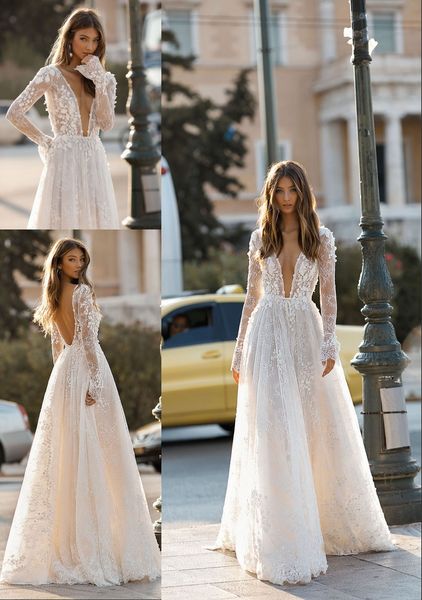 

2019 modest appliques a-line wedding dresses sparkly deep v neck lace bridal gowns court train backless plus size, White