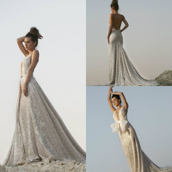 

2019 a line sequins wedding dresses deep v neck lace sweep train country wedding dress plus size custom garden boho bridal gowns, White