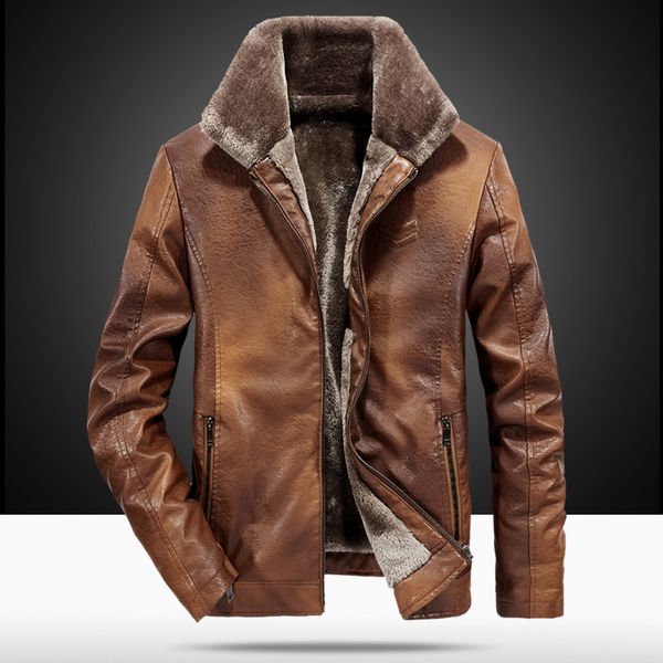 

winter dad gift, fashion solid color large size men's fur one men's leather jacket , lapel middle-aged thickening leather, Black