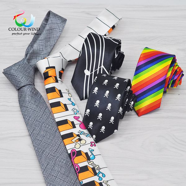 

casual men's polyester tie 5 cm width skull narrow necktie for boy leisure musical piano rainbow striped plaid gravata male ties, Blue;purple