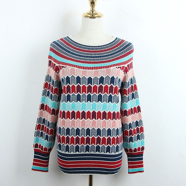 

women o-neck sweater knit pullovers jacquard colorful plaid sweater autumn winter outerwear pullover korean sweaters, White;black