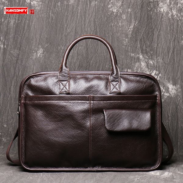 

new genuine leather men handbag 15.6" portable briefcase cowhide double zipper shoulder messenger bag large capacity lapbags
