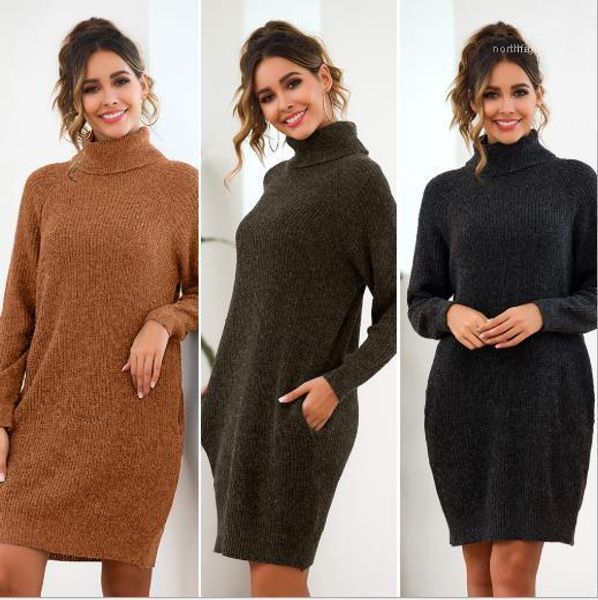 

apparel loose solid color designer womens dresses high collor thick wool dress fashion pocket casual female, Black;gray