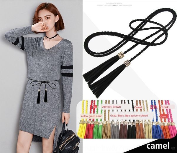

belt women's waist rope black with chiffon lace dress lace dress summer decoration single ring all-match thin tassel waist chain belt, Black;brown