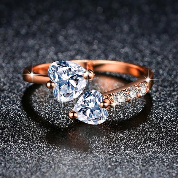 

double heart full drill resizable ring zircon ring for women christmas or birthday present rose gold silver red blue, Slivery;golden