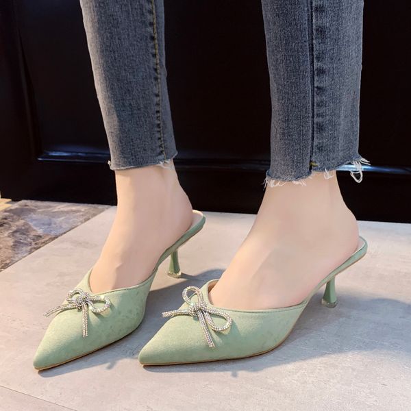 

summer crystal bow pointed toe slippers women flock mules shoes outdoor high heel slippers women closed toe sandals 2020, Black
