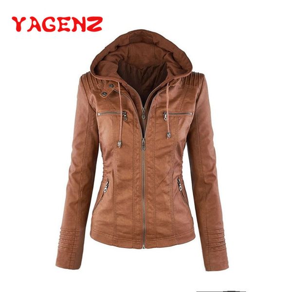 

yagenz spring leather jacket women black pu leather coat basic coat zippers short hooded jackets female faux jackets 411