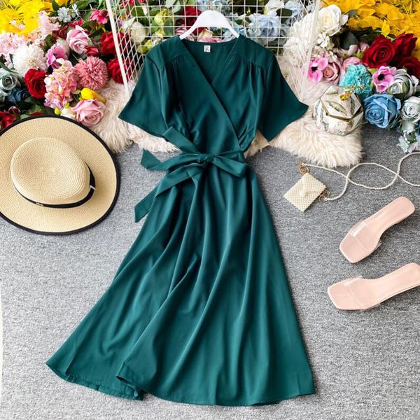 

casual dresses 2021 slim vintage v neck summer bandage dress party vestidos short sleeve women high waist elegant a-line, Black;gray