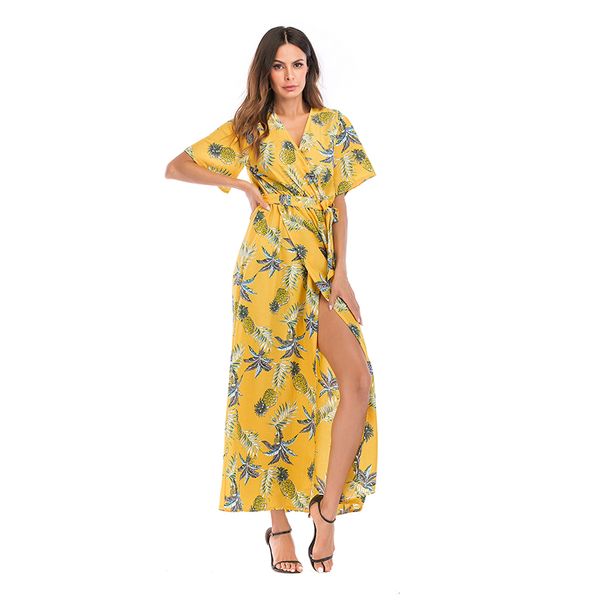 

v-neck short sleeve european and american style chiffon show thin floral skirt knee length dress,pineapple flower with yellow background, Black;gray