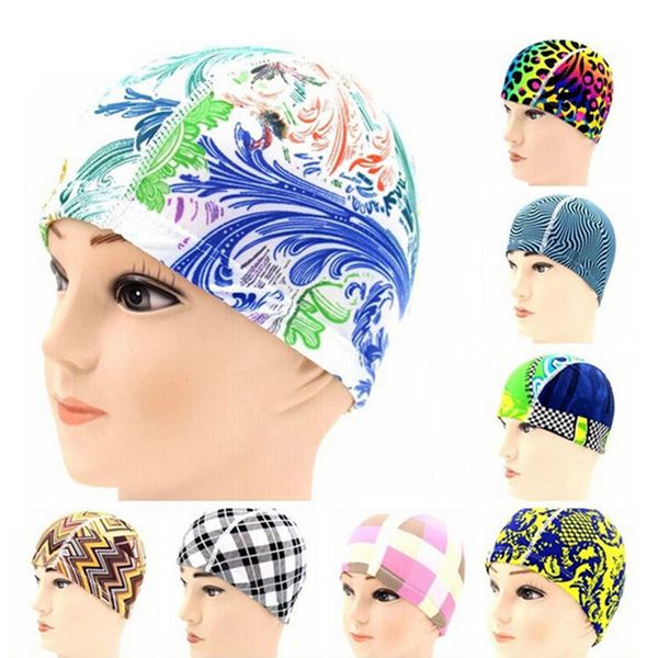 

high-jump men women printed swimming caps nylon swimwear swimming hat ear protect caps 2 pieces a pack color random