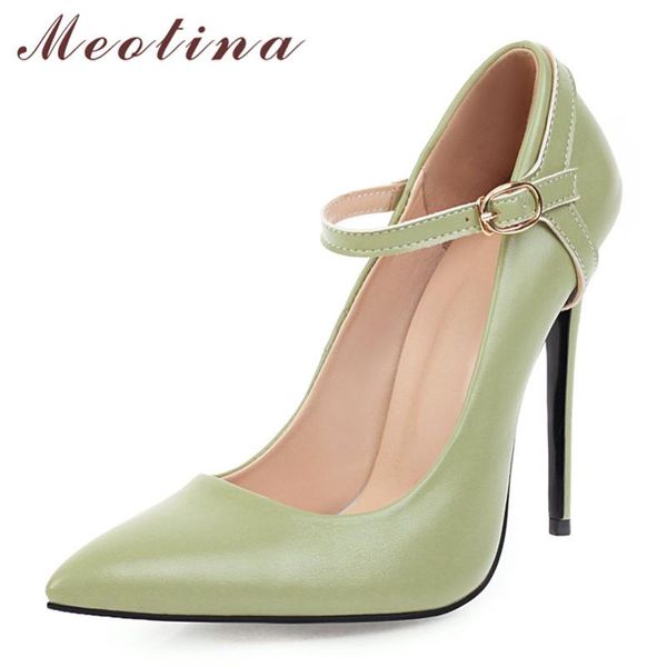 

meotina high heels women pumps buckle stiletto high heel party shoes elegant pointed toe shoes ladies green 2020 plus size 33-46, Black
