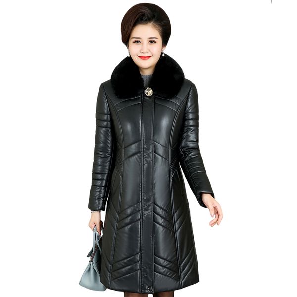 

женщины зимняя кожаная куртка длинные pu ветровки меховой воротник с капюшоном плюс размер 7xl женщины кожа пальто женский ветровки теплая в, Black