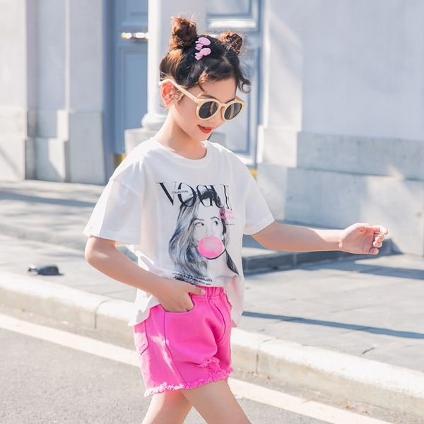 

set girls denim t-shirt clothing 2020 short-sleeved printed t-shirt two-piece set denim children's clothing fashion
