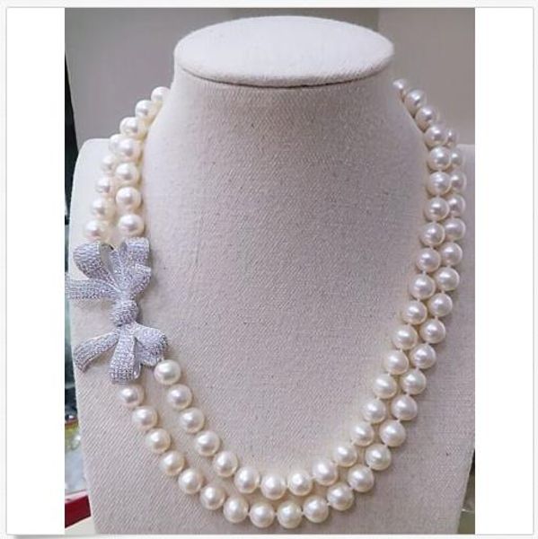 

double strands 9-10mm round white south sea pearl necklace 18" 19" silver clasp