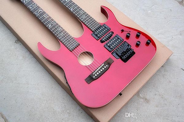

custom manufacturer wholesale and retail price double neck red electric guitar 6 12 strings bright red and special pattern fingerb