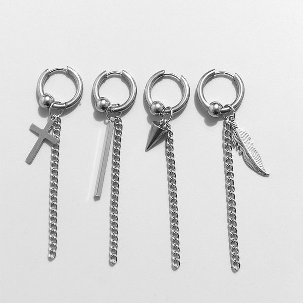 

korean-style boys celebrity style fashion simple long rod chain ear ring men and women-earrings leaves ear stud, Silver