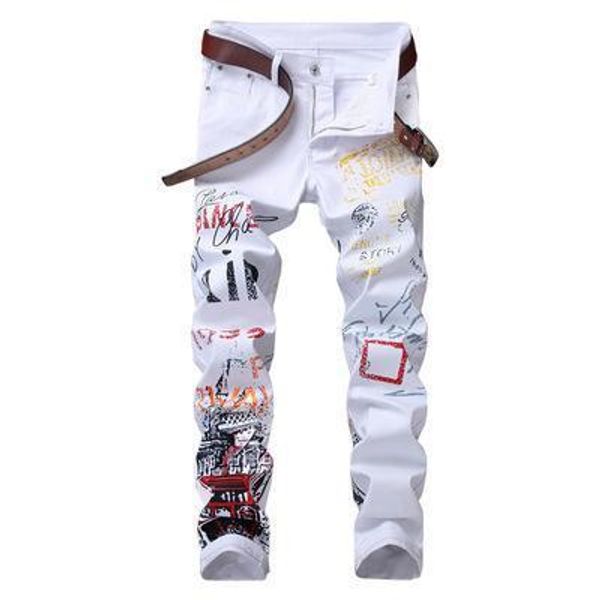 

mens designer jeans 2020 new mid rise stretch casual pants fashion print straight jeans, Blue
