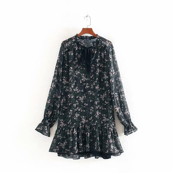 

women sweet bow tied v neck floral print hem ruffles mini dress elegant ladies long sleeve chiffon vestidos chic dresses ds3093, Black;gray