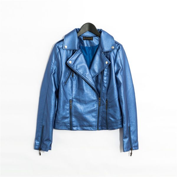 

2019 women faux leather jacket metal color pink blue silver black sml short coat autumn zipper epaulet drop shipping full lining