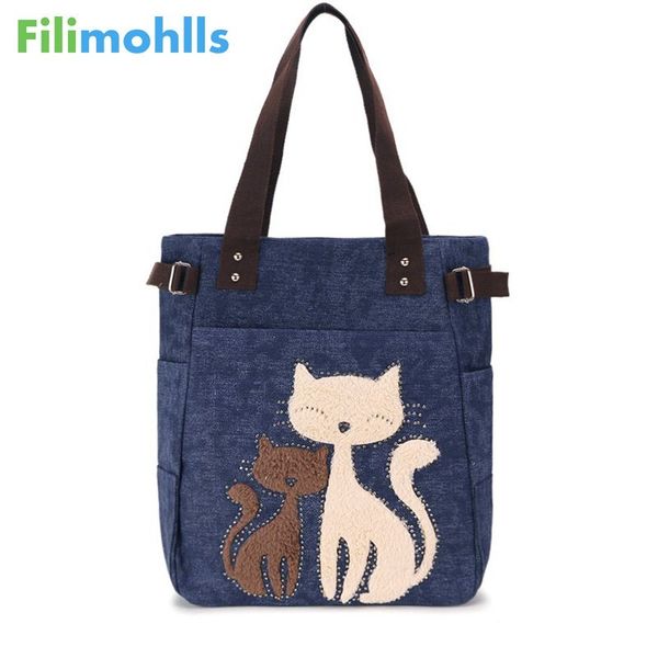 

lovely cute cat canvas handbag for girls ladies large capacity casual bag women portable solid zipper shoulder bag bolsos s1798