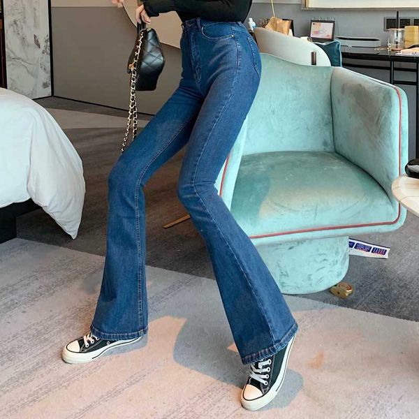 

women fashion casual high waist denim flare leg jeans bodycon solid jeans, Blue