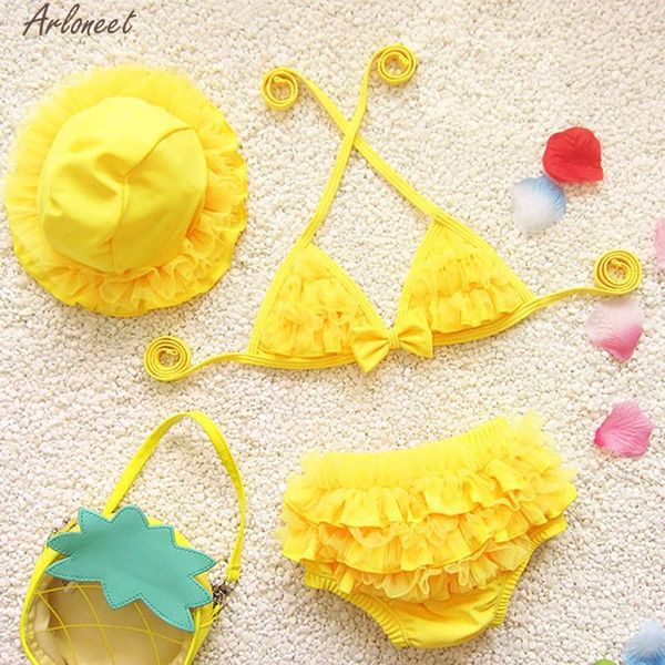 

swimsuit girls three pieces swimwear kids children ruffles print bandage swimwear bathing suit bikini set outfits may 23rd, Black