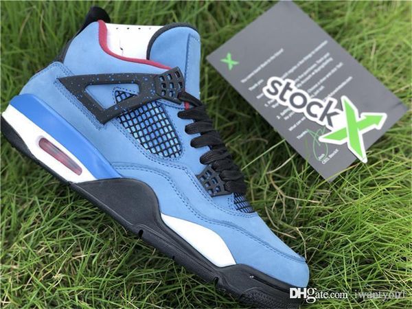 

2019 подлинный трэвис скотт x air 4 кактус джек хьюстон ойлерз замша университет синий красный черный мужчины баскетбол обувь 308497-406 кро