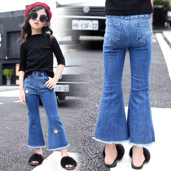 

5-10 - year - old girls new rose pattern flared jeans, Blue