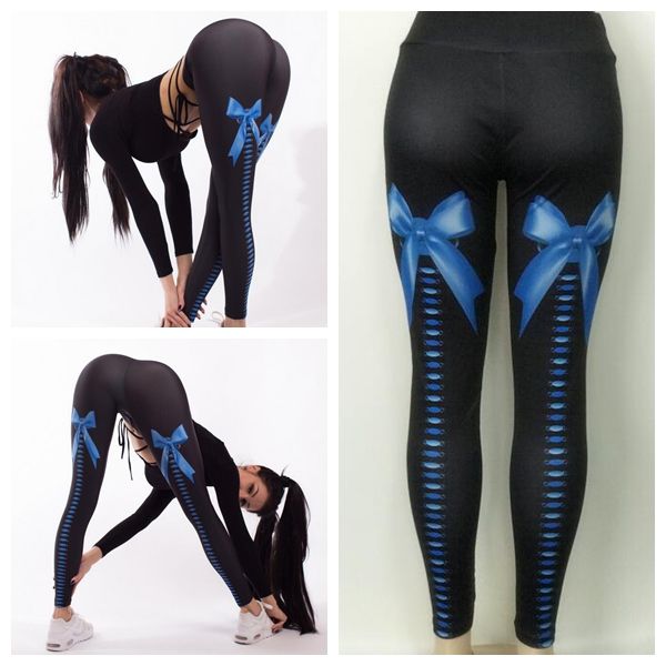 

women yoga trousers pants tights trousers jacquard female nine points high waist dance elasticity bow printing tight fitness active, Black;white