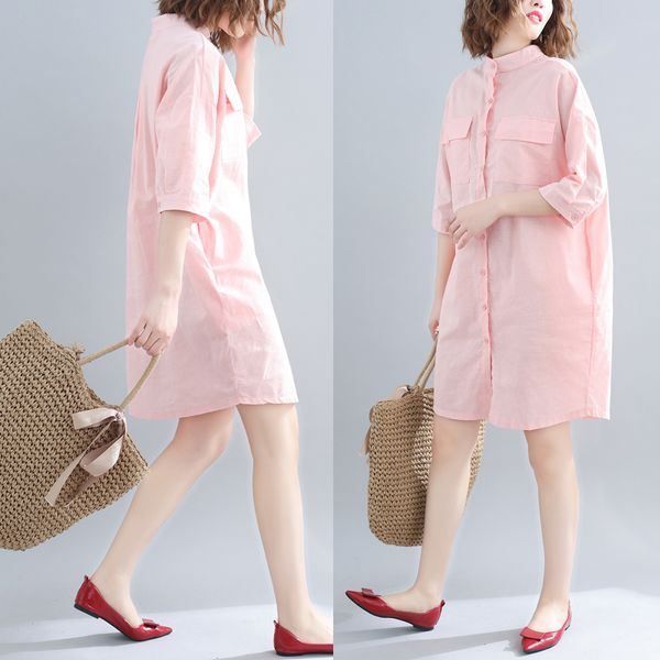 

will code suit-dress 2019 summer cotton solid color stand lead shirt skirt easy thin long fund dress tide, Black;brown