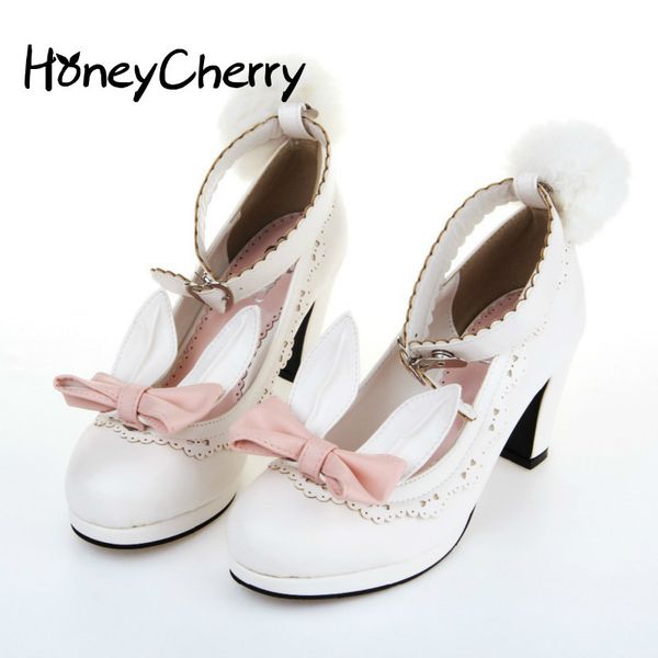 

2019 rabbit ears shoes ribbon fluffy pumps single high heel shoes student lolita shoes, Black